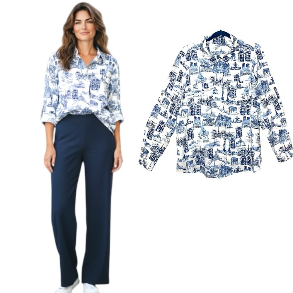 Karl Lagerfeld White Button Down Shirt Sz M/L Blue Paris Monuments Coastal Top